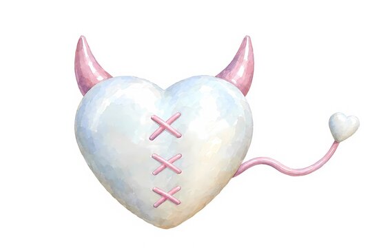 heart with devil horns and tail stitched graphic element pink white love gothic kawaii