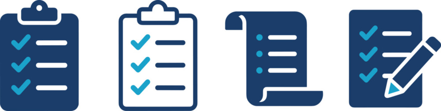 Checklist icons set featuring blue and cyan elements for professional task tracking and document control.
