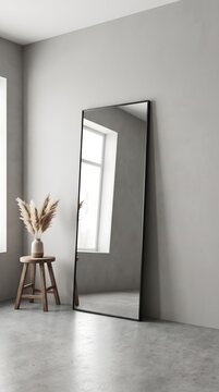 Modern minimalist hallway background with blank leaner mirror and copy space