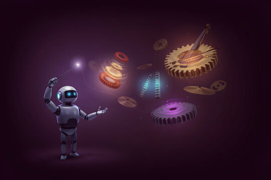 A small white robot conductor using a glowing magic wand to orchestrate floating mechanical gears and musical instruments in a dark space
