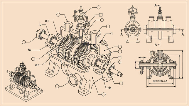 Vintage industrial turbine technical drawing, mechanical engineering blueprint vector, retro isometric engine diagram