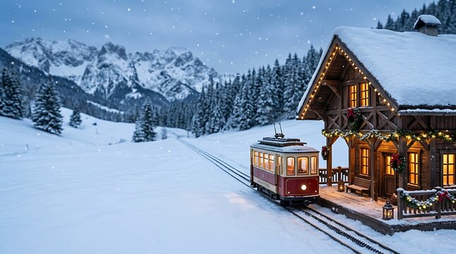 A serene winter landscape featuring a cozy cabin and a charming train amidst a snowy christmas scene