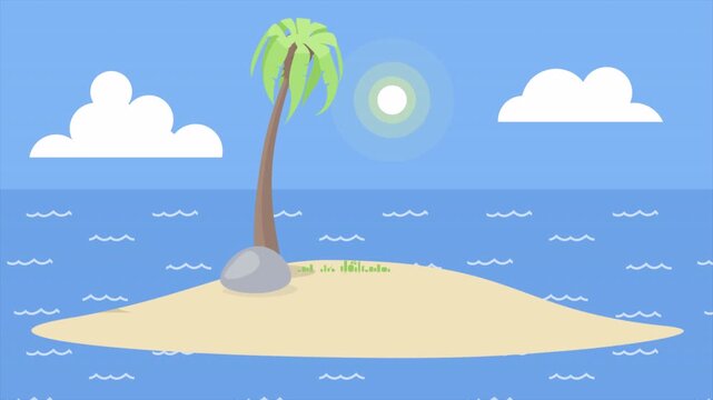Summer tropical island loop background with palm, sun, and blue ocean. Seamless looping paradise isle great for honeymoon videos, escape loops, and exotic travel intros.