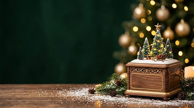 A beautifully decorated christmas scene featuring a vintage chest and a warmly lit festive tree