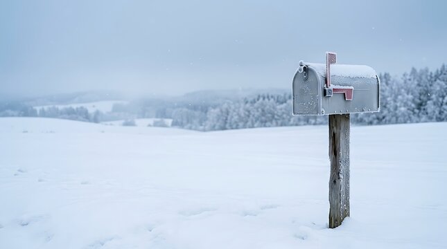 A serene winter landscape features a snow covered mailbox awaiting holiday cards and cheerful christmas greetings during the