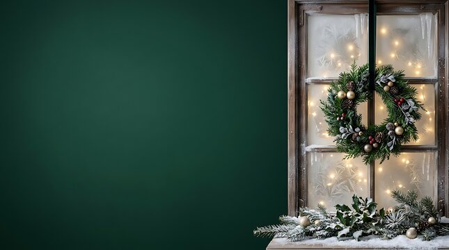 A cozy christmas scene a window wreath and winter wonderland view creates a festive atmosphere