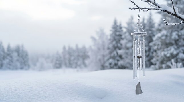 A serene winter landscape featuring a large glistening icicle hanging from a tree branch evoking christmas feelings