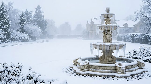 A serene winter landscape featuring a snow covered fountain and trees evoking a peaceful christmas atmosphere