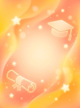 Graduation mortarboard and diploma on abstract orange background