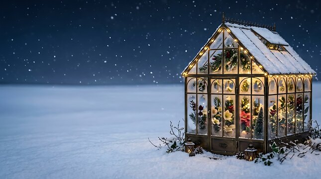 A magical christmas scene featuring a glowing illuminated house nestled in a snowy winter wonderland landscape