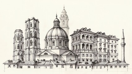 Obraz premium Panoramic graphite sketch of european old town skyline high resolution picture