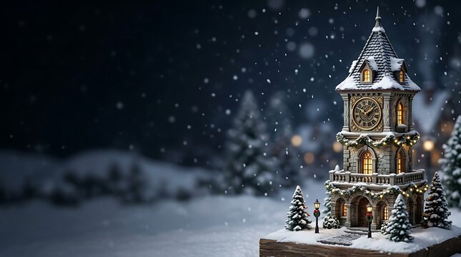 A magical snow covered christmas scene featuring an illuminated ornate clock tower in a winter wonderland landscape