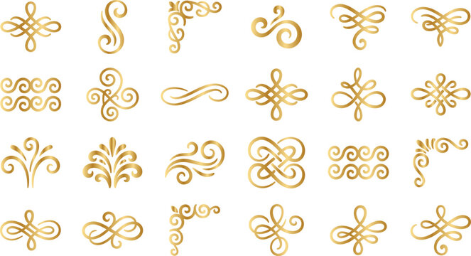 golden swirl ornaments set for elegant design, frames, and dividers decoration.