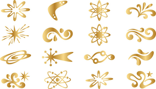 Abstract golden symbols set featuring cosmic shapes for modern science design work.