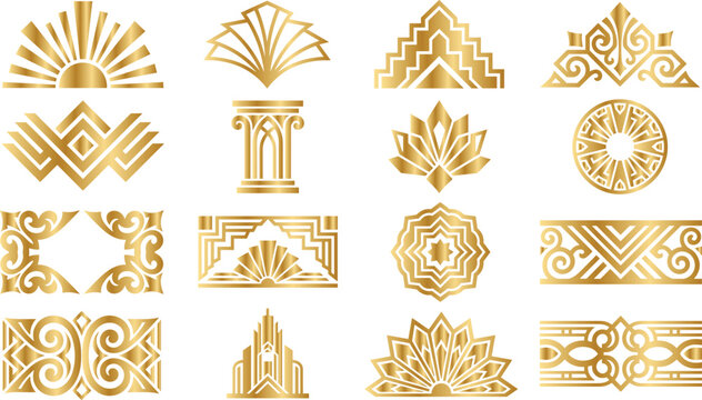 golden art deco ornaments set for decorative frames, borders, and emblems.