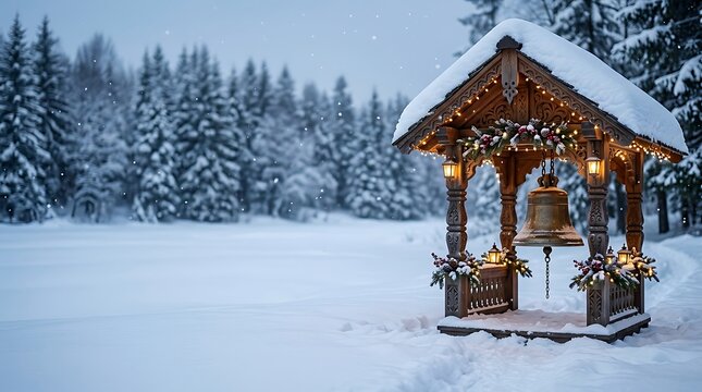 A serene winter wonderland scene featuring a charming snow covered gazebo illuminated with warm christmas lights evoking holiday
