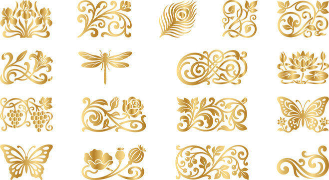Golden floral ornaments set featuring nature icons for artistic graphic decoration.