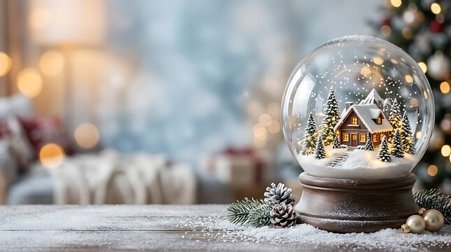A beautiful festive winter scene captured inside a classic snow globe evoking the magic of christmas time