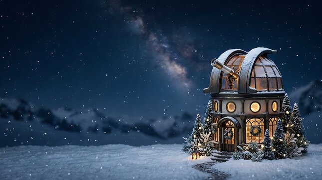 A serene christmas night scene featuring a beautifully lit building amidst falling snowflakes and a dark sky