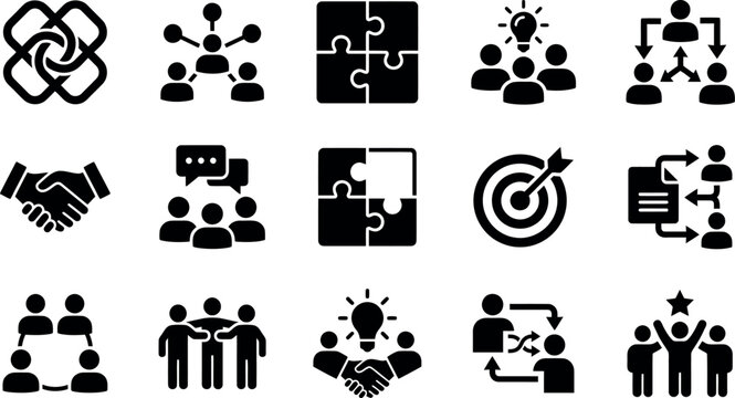 Collection of black glyph icons representing business collaboration teamwork and strategic planning