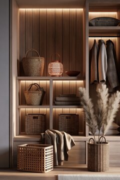 Warm organic modern wardrobe with natural wood textures, woven baskets and soft lighting creating a calming eco luxury interior with refined storage
