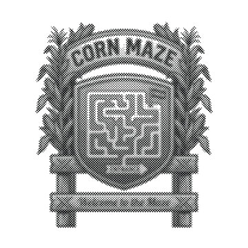 Monochromatic Corn Maze Emblem with Halftone Texture. Additional Visible Detail Includes Agriculture.