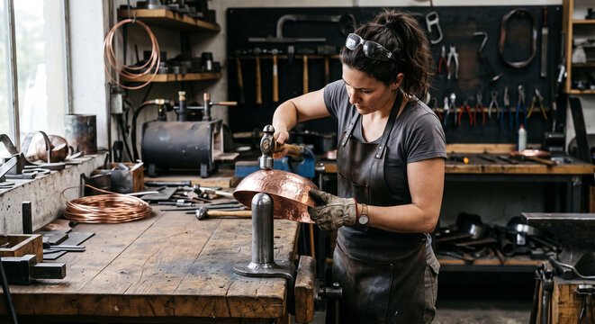 Female metalsmith shaping copper bowl with hammer on stake in craft workshop. Concept of coppersmith, metalworking, craftswoman, blacksmith, handmade.