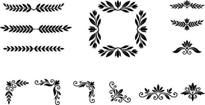 Vintage floral ornaments and decorative borders in black and white engraving style