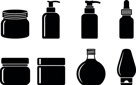 Collection of black cosmetic product containers and bottles isolated on a white background