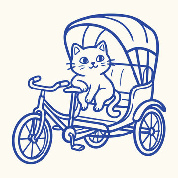 Cute cartoon cat sitting in a bicycle rickshaw, handdrawn vector illustration of a feline passenger in a pedicab