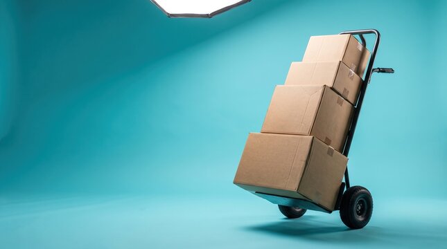 Steel hand truck carries stack of four cardboard boxes against solid turquoise studio background for logistics delivery moving service and warehouse supply concept.