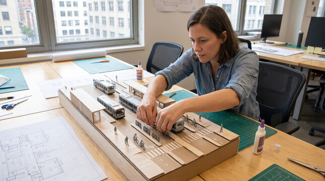 Female urban planner working on architectural scale model of public transit bus transfer station. Concept of buses, bus terminal, architecture, architect.