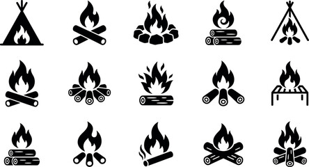 Black silhouette icons set featuring campfires teepees and outdoor fire pit designs © Razia