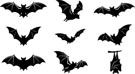 Fototapeta premium Collection of black silhouettes of bats in various flying and hanging poses