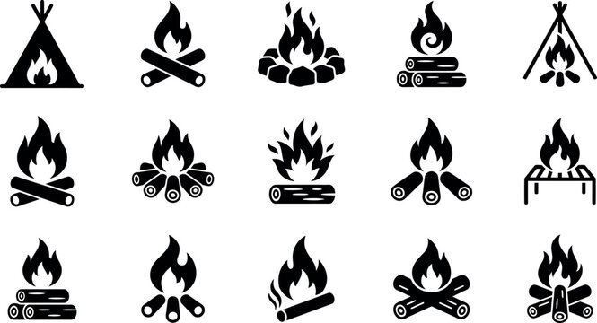 Black silhouette icons set featuring campfires teepees and outdoor fire pit designs