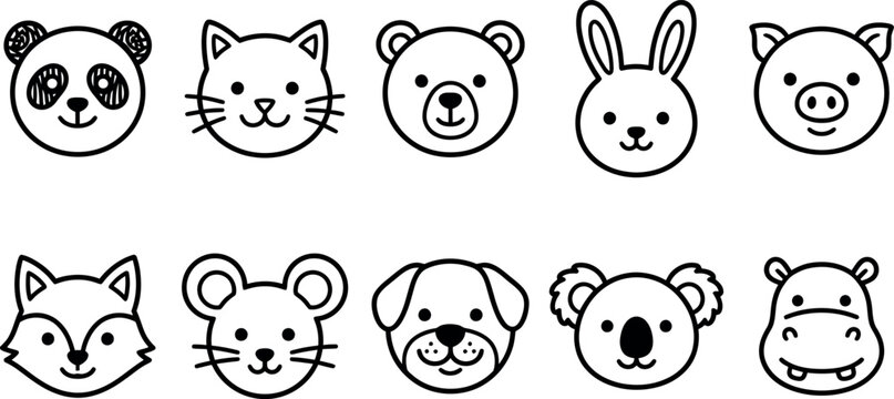 Collection of cute hand drawn animal faces including a panda fox and koala