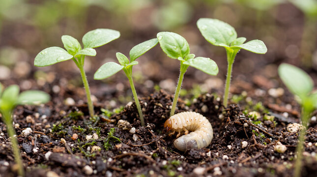 Grub near young green seedlings.