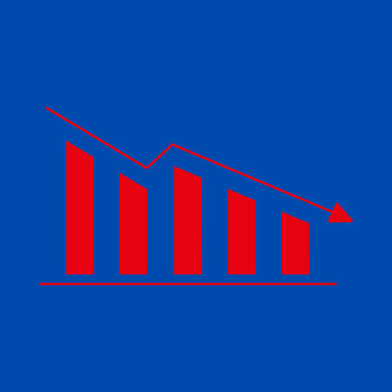 Red bar chart showing a downward trend on a blue background