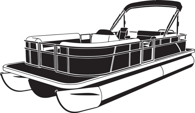 Black and white of a modern pontoon boat with dual pontoons and canopy also transparent background watercraft