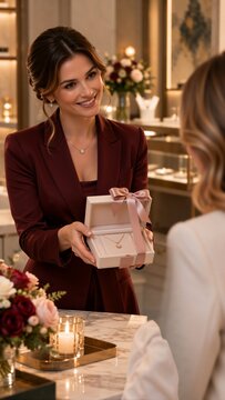 Smiling woman in a burgundy suit presents an elegant ring box to a bride in a warmly lit boutique, with floral arrangements and candles creating a romantic celebration atmosphere. Premium gifting