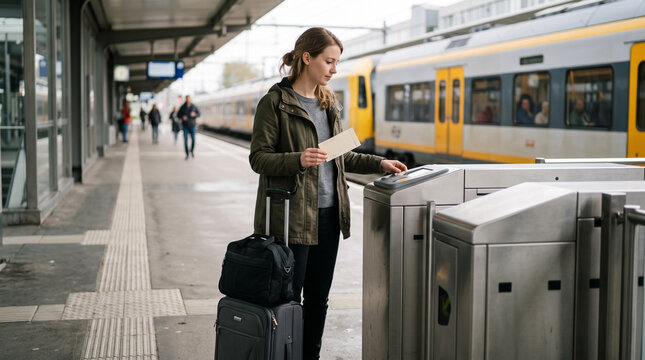 Young woman traveler validating ticket at railway station platform gate with luggage. Concept of train passenger, train ticket, turnstile, train platform.