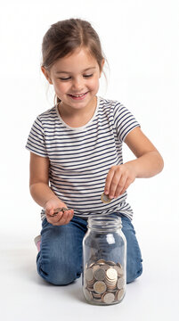 Happy girl saving money in jar.