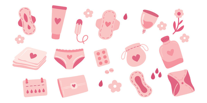 Menstrual hygiene and period care products hand drawn vector illustration set in soft pink style