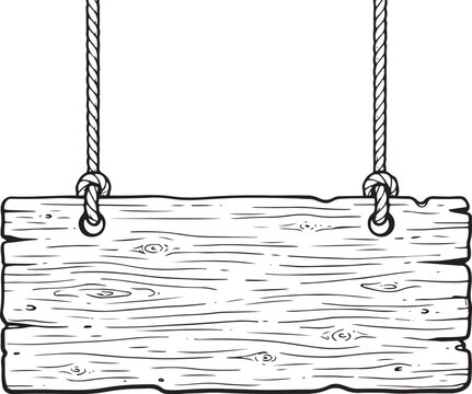 Hand-drawn black and white of a rectangular wooden sign hanging from two knotted ropes also transparent background