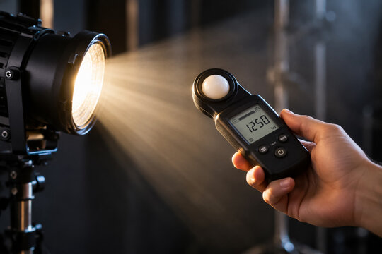 Professional photographer measuring studio light beam intensity with digital lux meter during photo shoot. Concept of photometer, exposure meter.