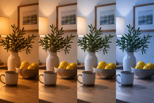 Interior lighting color temperature comparison from warm to cool tones in cozy modern living room setup. Concept of kelvin scale.