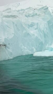 Vertical Video of Low Floating Icebergs Along a Snowy Coast. White ice, rippling water and snow-covered ridges create a layered cold seascape beneath soft diffuse light.