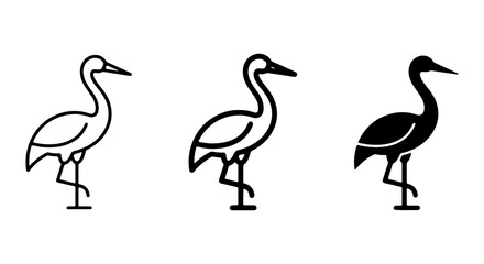 Obraz premium Three stylized illustrations of a crane bird standing on one leg in outline and solid forms.