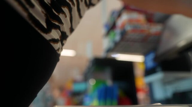 Low-angle checkout interaction with shopper leaning over counter, zebra-print top and outstretched hands placing packaged goods