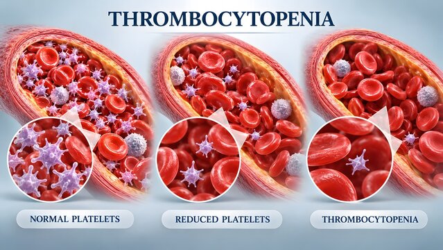 AI generated thrombocytopenia comparison infographic showing normal vs low platelet levels in blood vessel cross-section